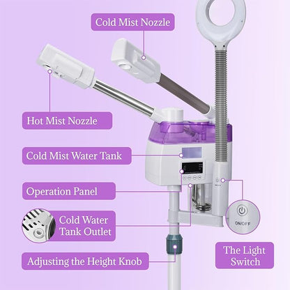 3 in 1 Facial Steamer,Professional Facial Steamer with 5X Magnifying LED Lamp, Esthetician Steamer with Hot & Cold Mist, Face Steamer On Wheels for Salon Spa Beauty Skin Care