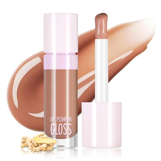 DAGEDA Lip Plumper Gloss,Glossy Liquid Lipstick with Ginger Extract,Highly Pigmented Plumping Lip Gloss,Fuller Looking Lips,Moisturizing Lip Gloss for Women,0.28oz(Neutral)