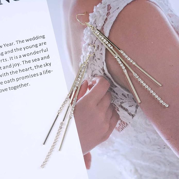 Vintage Crystal Tassel Earrings Rhinestone Bar Drop Earrings