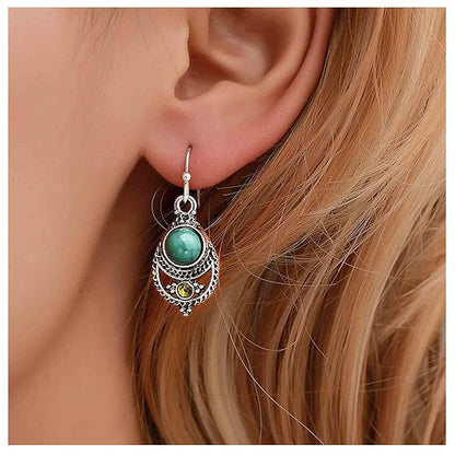 Boho Ethnic Turquoise Drop Earrings Silver