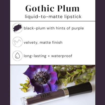 Aromi Black Plum Matte Liquid Lipstick, Dark Midnight Lip Color, Vegan and Cruelty-free, Long-lasting and Opaque Lipstick (Gothic Plum)