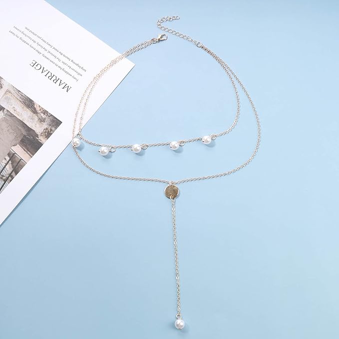 Boho Layered Disc Pearl Necklace Gold