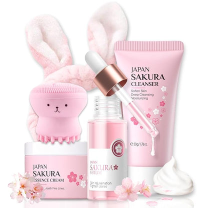 Skincare Set Sakura Mother's Day Gifts - Skin Care Set - Skincare for Teens 10-12 Hydrating - Travel Size Facial Kit for Women with Cleanser,Serum,Cream,Bunny Headband,Cleansing Brush（5pcs）
