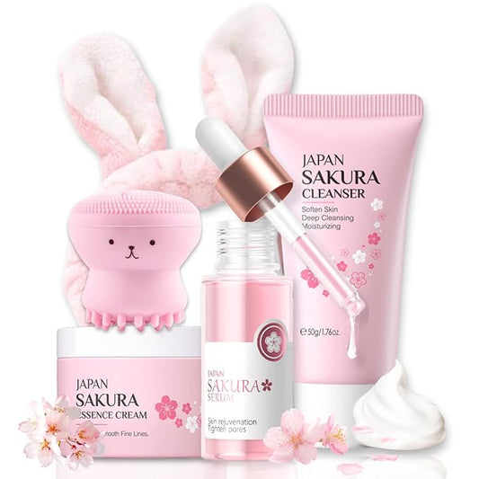 Skincare Set Sakura Mother's Day Gifts - Skin Care Set - Skincare for Teens 10-12 Hydrating - Travel Size Facial Kit for Women with Cleanser,Serum,Cream,Bunny Headband,Cleansing Brush（5pcs）