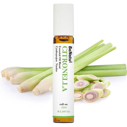 Benatu Organic Citronella Essential Oil Roll On Blend, Pre-Diluted with Coconut Oil for Skin Care, Outdoor Aromatherapy, Natural Travel Size Roller- 10ml
