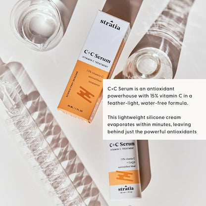 Stratia C+C Vitamin C Serum – 15% Potent Formula with 10% L-Ascorbic Acid for Bright, Even-Toned Skin - Non-Irritating, Water-Free Antioxidant Face Cream, 1 Fl Oz