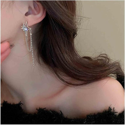 Vintage Crystal Northstar+Chain Drop Earrings Silver