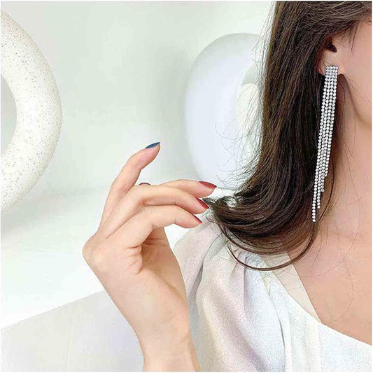 Boho Rhinestone Tassel Earrings Long Fringe Drop Dangle