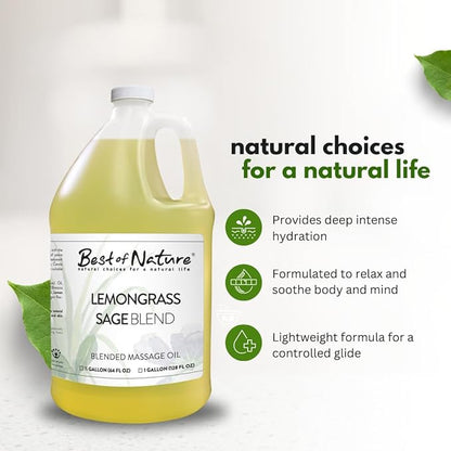 Best of Nature Lemongrass and Sage Massage Oil Blend - Non-Greasy Aromatherapy Massage Oil for Body, Skin & Face, Crafted with Pure Essential Oils, Gallon (128 fl oz)