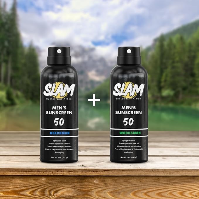 SLAM WoodsMan & BeachMan Bundle - Men's Scented Sunscreen, Sunscreen Spray, Water Resistant Sunscreen, Paraben Free, Broad Spectrum UVA/UVB Sunscreen (Large, 50, Sun Protection Factor (SPF))