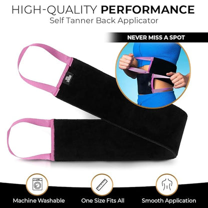 Bronze Tan Self Tanner Back Applicator - Tanning Mitt For Sunless Tanning Mousse or Lotion - Tan your Back Quickly and Easily - Self Tanning Back Applicator - Black with Pink Handles