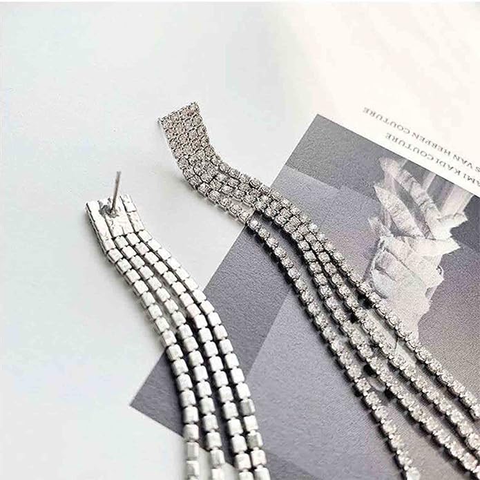 Boho Rhinestone Tassel Earrings Long Fringe Drop Dangle