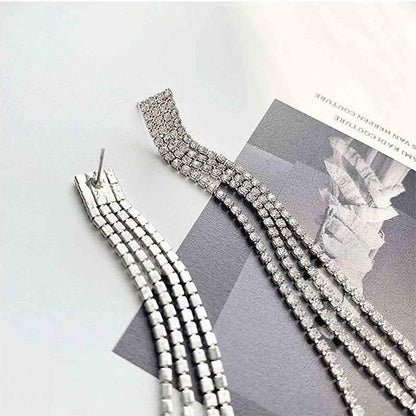 Boho Rhinestone Tassel Earrings Long Fringe Drop Dangle