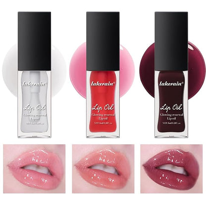 3 Colors Glow Lip Oil Tinted, Nourishing Tinted Lip Glow Oil For A High-shine Finish, Moisturizing Fat Oil for Dry Lip, Shiny and Vegan Tinted Lip Oil (Clear+Jam+Pink)