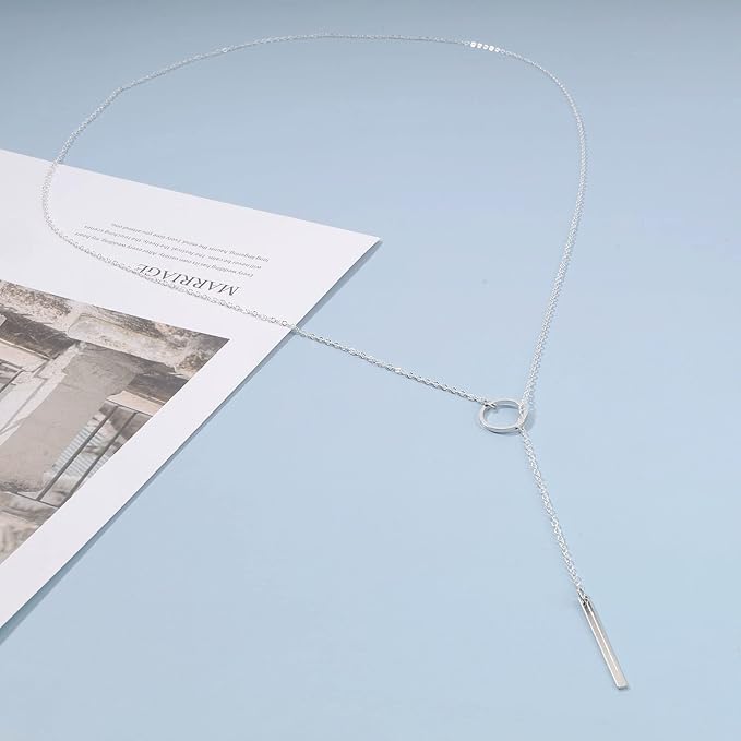 Boho Circle Bar Lariat Necklace Silver