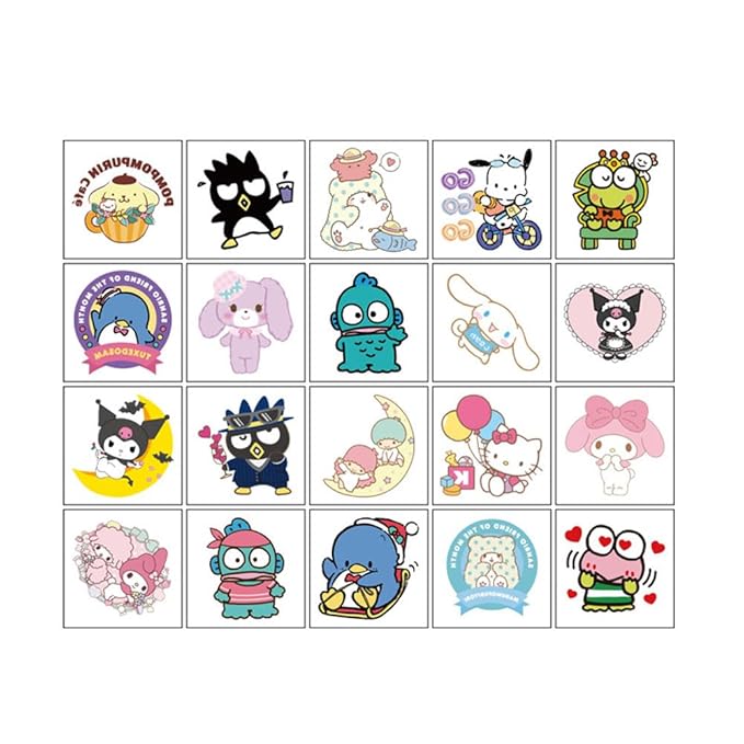 20pcs Cute Sanrio Temporary Tattoos for Girl, Kawaii Christmas Rewards
