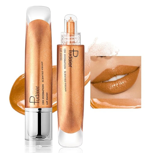 AKARY Shimmery Glitter Lip Gloss, Tinted Hydrating Waterproof Long Lasting Liquid Lipstick for Lip Plumper Makeup with Jojoba Seed OilRosa, Sparkle Lipstick Moisturizing High Shine Lip Glow Stain, 03