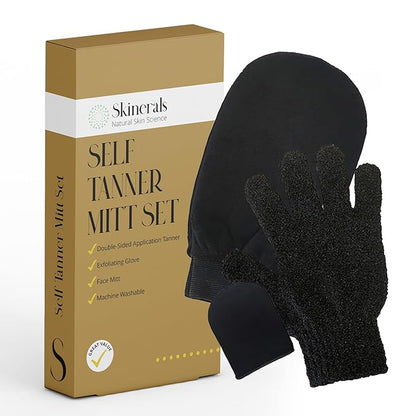Skinerals Self Tanner Mitt Set, Ultra Soft Double-Sided Application Tanner, Exfoliating Glove and Face Mitt for the Most Even Tan, Tanning Mitt Applicator for Back and Body, Washable, 3 ct