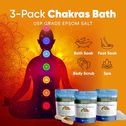 Chakras Bath Salt (3 Pack with Scoop) USP Epsom Salt with Natural Ylang Ylang and Sandalwood Essential Oils Plus Vitamin C in BPA Free Pouch with Easy Press Lock Seal Made in USA Bundle 6 Lbs Total