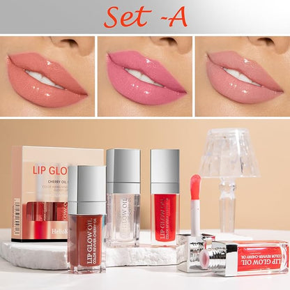 3 Set Lip Oil Hydrating Tinted Lip Gloss, Plump Lip Gloss Lip Care Transparent Toot Lip Oil Tinted, Glass Lip Glow Oil Fresh Texture & Non-sticky, Nourishing Repairing Lightening Lip- A