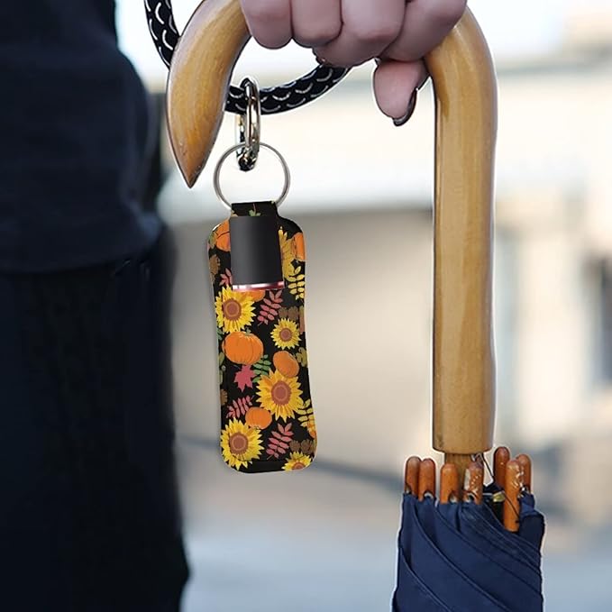 Women Chapstick Holder Keychain Fall Pumpkin Keyring