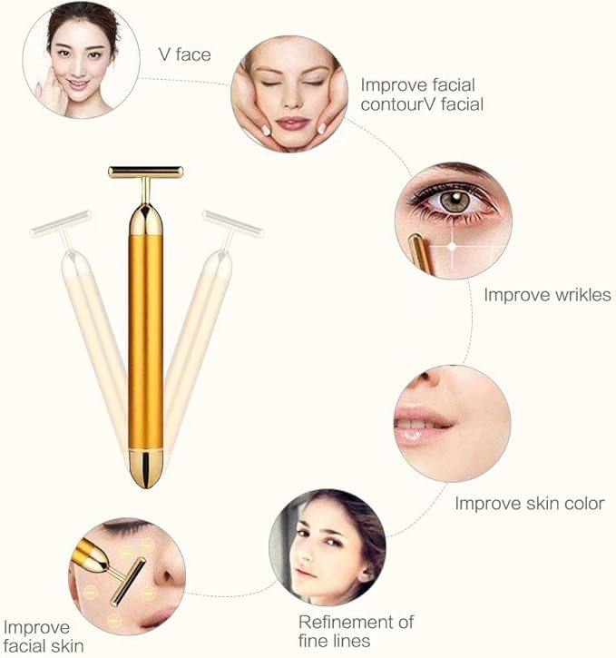 Beauty Bar 24k Gold Skin Care Face Massager Roller, 2 in 1 Electric 3D Roller and T Shape Energy Beauty Bar for Face Lift and Skin Tightening