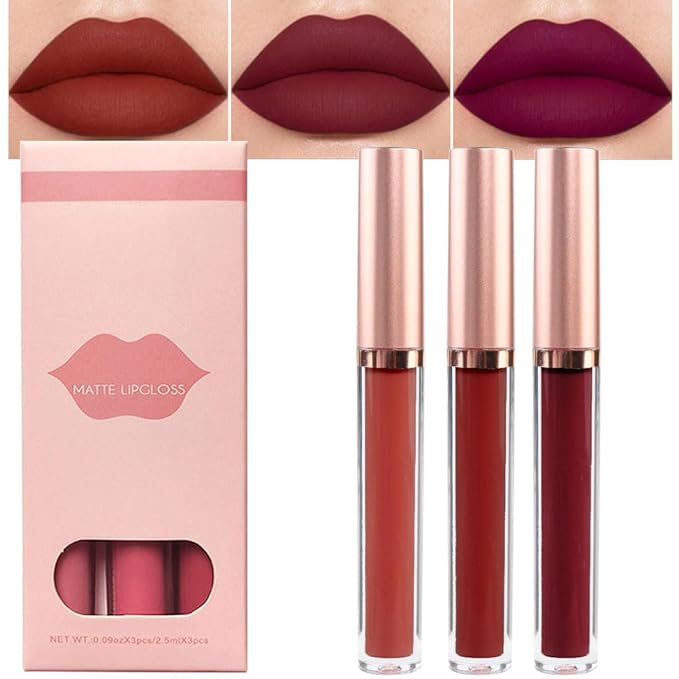 3Pcs Deep Fuchsia Matte Velvet Lipgloss Set,Dark Brown Lipgloss