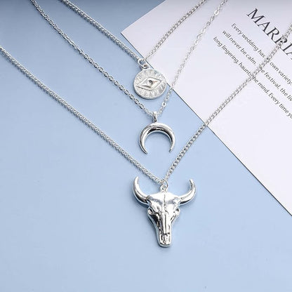 Boho Layered Moon Necklace Silver Compass