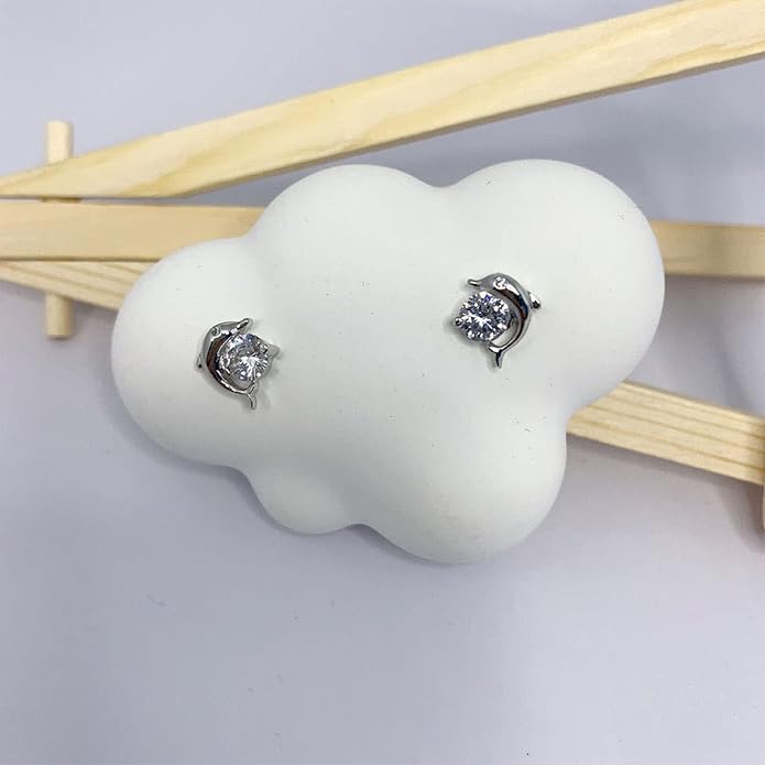 Silver Dolphin CZ Earrings Cute Animal Stud Earrings