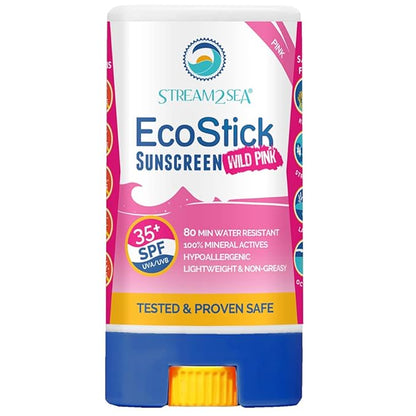 STREAM2SEA EcoStick SPF 35 Mineral Sunscreen Stick, Sweat Water Resistant Sunblock, USDA Approved Biodegradable Paraben Free Reef Safe Sunscreen Protection Against UVA UVB (EcoStick WildPink) - 0.5 oz