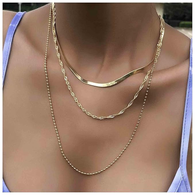 Punk Layered Chain Necklace Gold Flat Snake Chain