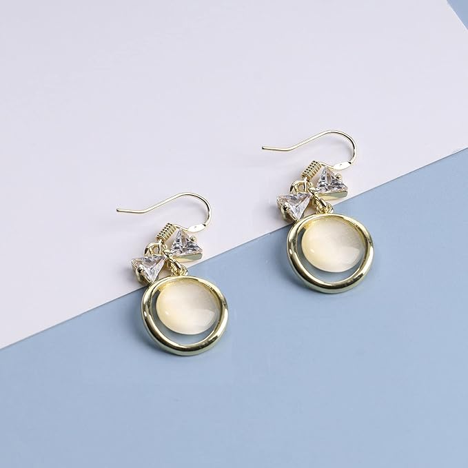 Vintage Circle Drop Earring Gold Cat Eye Stone