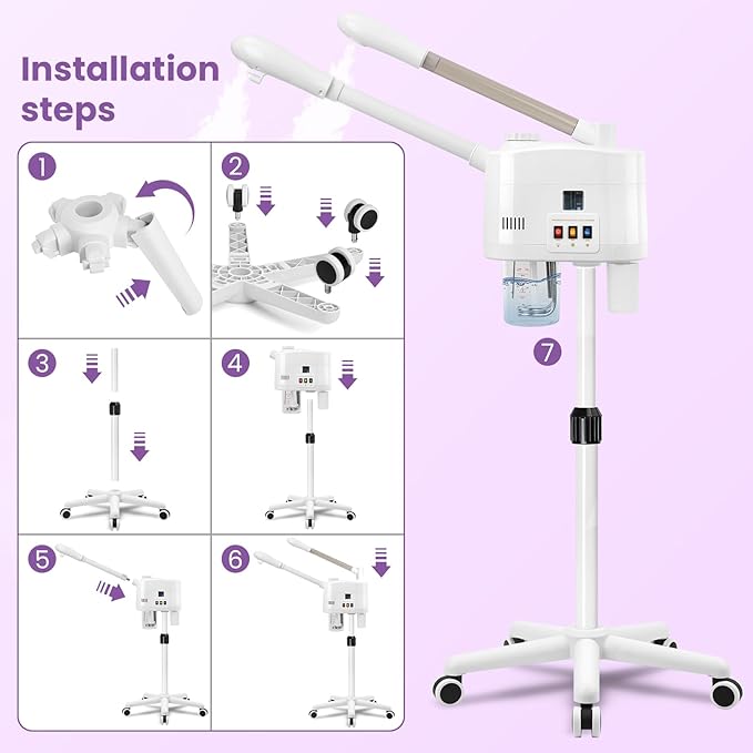 Professional 2 in 1 Ozone Facial Steamer on Wheels - Hot & Cold with Time Setting, Adjustable Height for Spa, Salon & Home