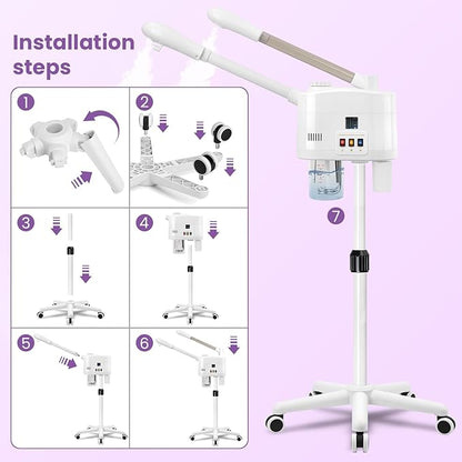 Professional 2 in 1 Ozone Facial Steamer on Wheels - Hot & Cold with Time Setting, Adjustable Height for Spa, Salon & Home