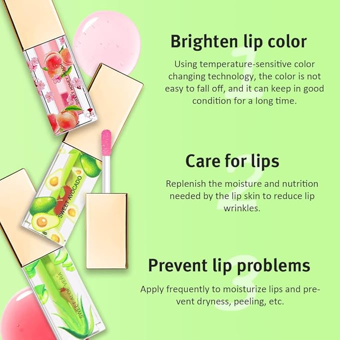 BINGBRUSH 3 Pcs Color Changing Lip Gloss Tinted, Peach Avocado Aloe Vera Magic Mood Lipstick,PH Color Change Lip Stain Lip Balm, Longlasting Lips Will Not Dry Out