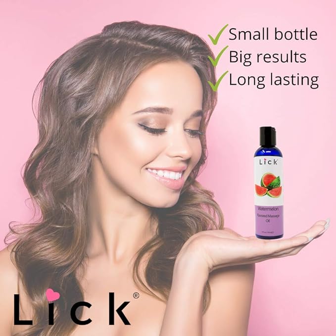 Watermelon Flavored Massage Oil for Couples – Edible Massaging Lotion with Vitamin E, Sweet Almond and Coconut Oil is Non Sticky and Gentle on Skin – Natural, Relaxing and Vegan (4 oz)