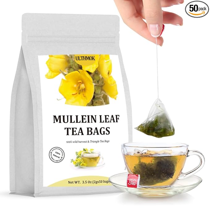 Premium 50 Mullein Leaf Tea Bags. Made with 100% Pure Mullein Leaves, for Lungs Cleanse and Respiratory Support, No Flavoring & No Additives & Caffeine Free.