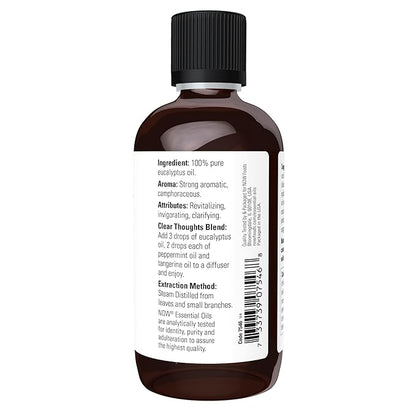 NOW Essential Oils, Eucalyptus Oil, Clarifying Aromatherapy Scent, Steam Distilled, 100% Pure, Vegan, Child Resistant Cap, 4-Ounce