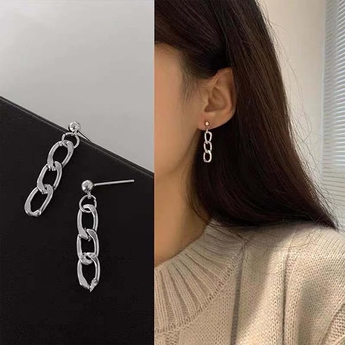 Punk Link Chain Earrings Silver Cable