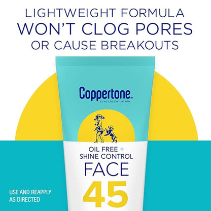 Coppertone Oil Free + Shine Control Sunscreen Face Lotion SPF 45, Lightweight Sunscreen for All Skin Tones, Won't Clog Pores, Fragrance Free, 2.5 Fl Oz Tube
