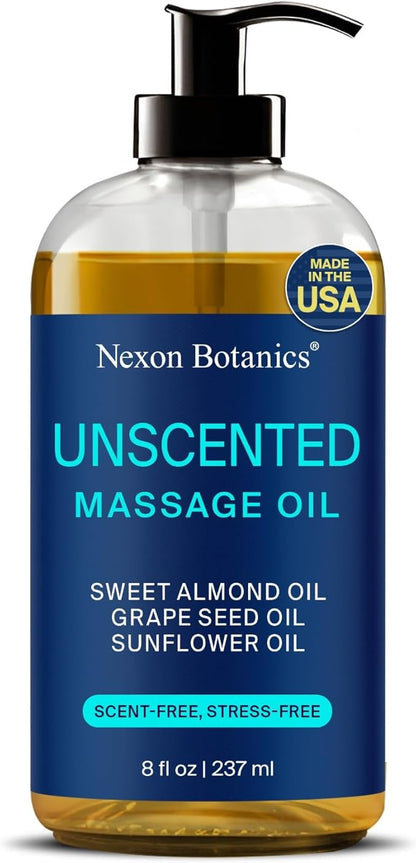 Unscented Massage Oil 8 fl oz - Hydrating Body Oil for Sensitive Skin & Muscle Relief - with Sweet Almond, Grape Seed & Sunflower Oils - Nexon Botanics