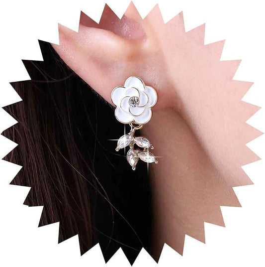 Vintage Crystal Flower Earrings Rhinestone Leaf