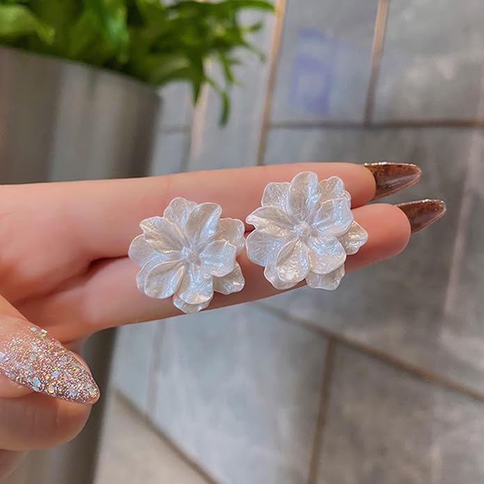 Unique Large White Flower Earrings Studs