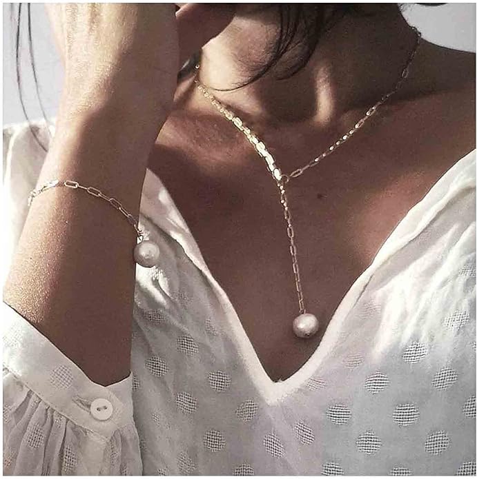 Boho Long Pearl Necklace Gold Lariat