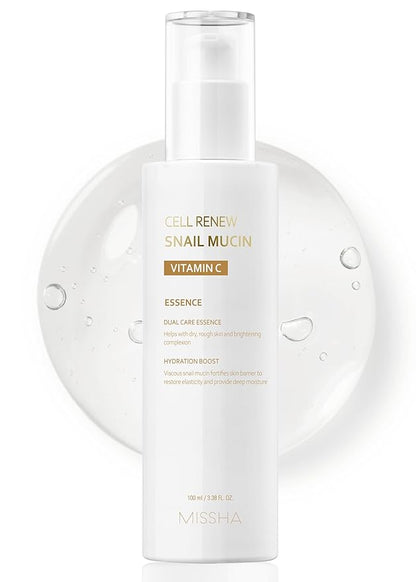 MISSHA Cell Renew Snail Mucin Vitamin C Essence Serum 3.38 Fl oz - Hydrating Korean Skincare for Glass Skin, Snail Mucin Serum for Improved Skin Texture & Complexion, Mother's Day gifts