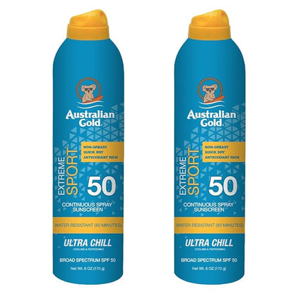 Australian Gold Extreme Sport Continuous Spray Sunscreen SPF 50 (Broad Spectrum/Sweat & Water Resistant/Non-Greasy/Oxybenzone Free/Cruelty Free), Sport - New, Coastal Breeze, 6 Oz (2 Pack)