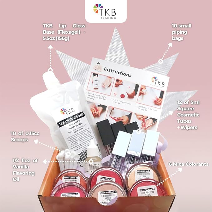 TKB Flexagel DIY Lip Gloss Making Kit| Make Your Own Lip Gloss| Moisturizing, High Shine, Crystal Clear| Vegan, Gluten and Cruelty free| Made in USA