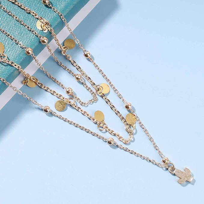 Boho Layered Disc Coin Necklace Choker Gold Cactus