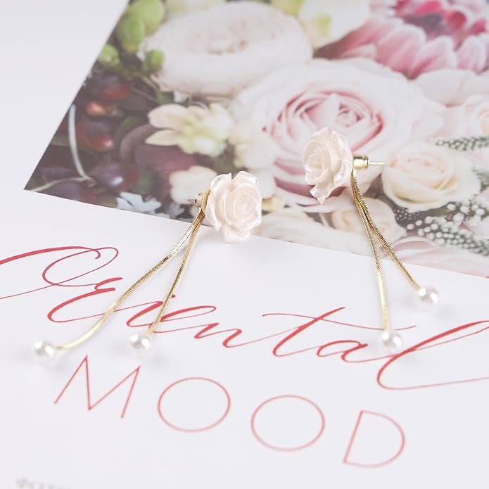 Vintage Flower Pearl Drop Earrings Long