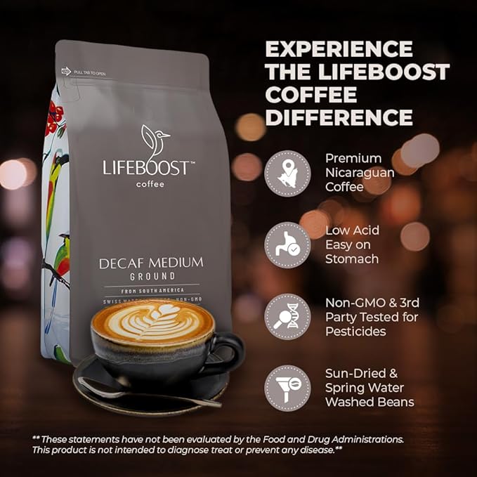 Lifeboost Medium Roast Swiss Water Decaf Coffee Ground - Non-GMO Low Acid Single Origin USDA Decaf Organic Coffee - Third Party Tested For Mycotoxins & Pesticides - 12 Ounces